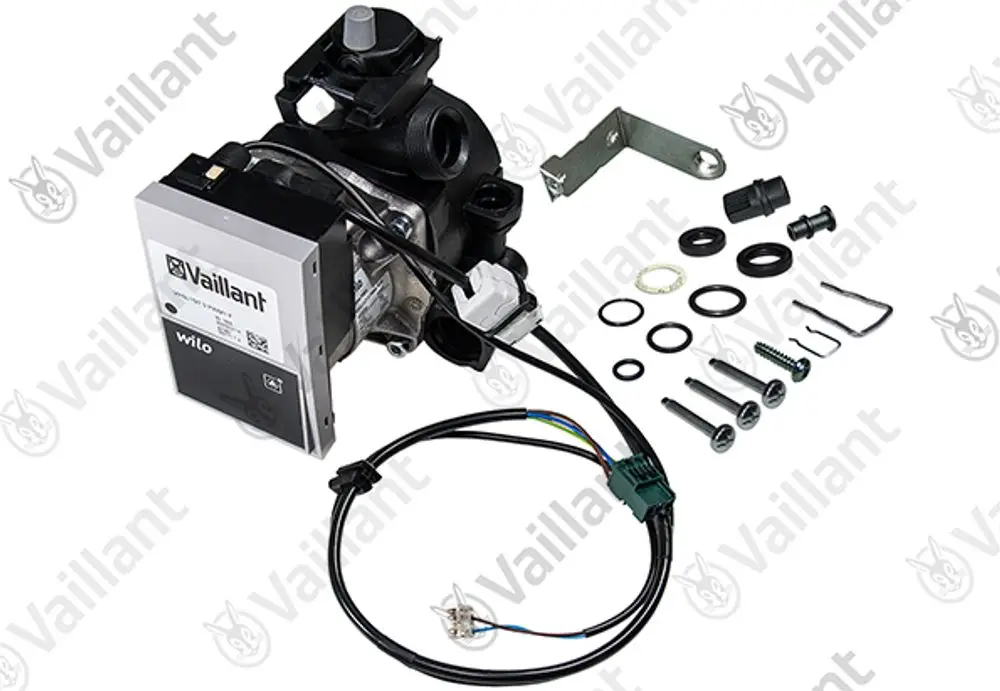 Vaillant Pumpe mit elektrischem Motor und verschiedenen Zubehörteilen wie Schrauben, Dichtungen und Kabeln, auf hellem Hintergrund angeordnet.